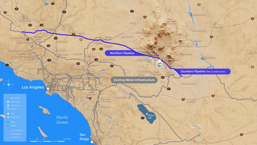Map of the Mojave Groundwater Bank near Fenner Gap, the Northern Pipeline running northwest, and the Southern Pipeline to the Colorado River Aqueduct